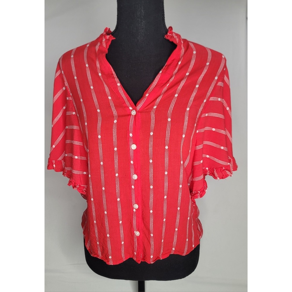Maeve Anthropologie XS Red White Stripe Flutter Sleeve Viscose Blouse